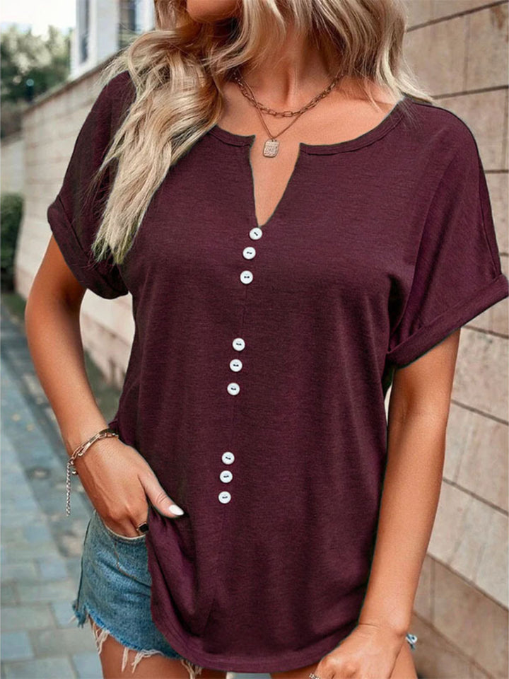Decorative button-front notch neck short sleeve tee