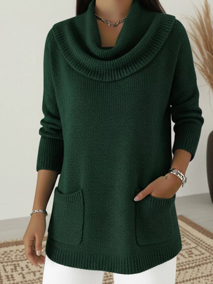 Green Cowl neck long sleeve knit sweater with front pockets