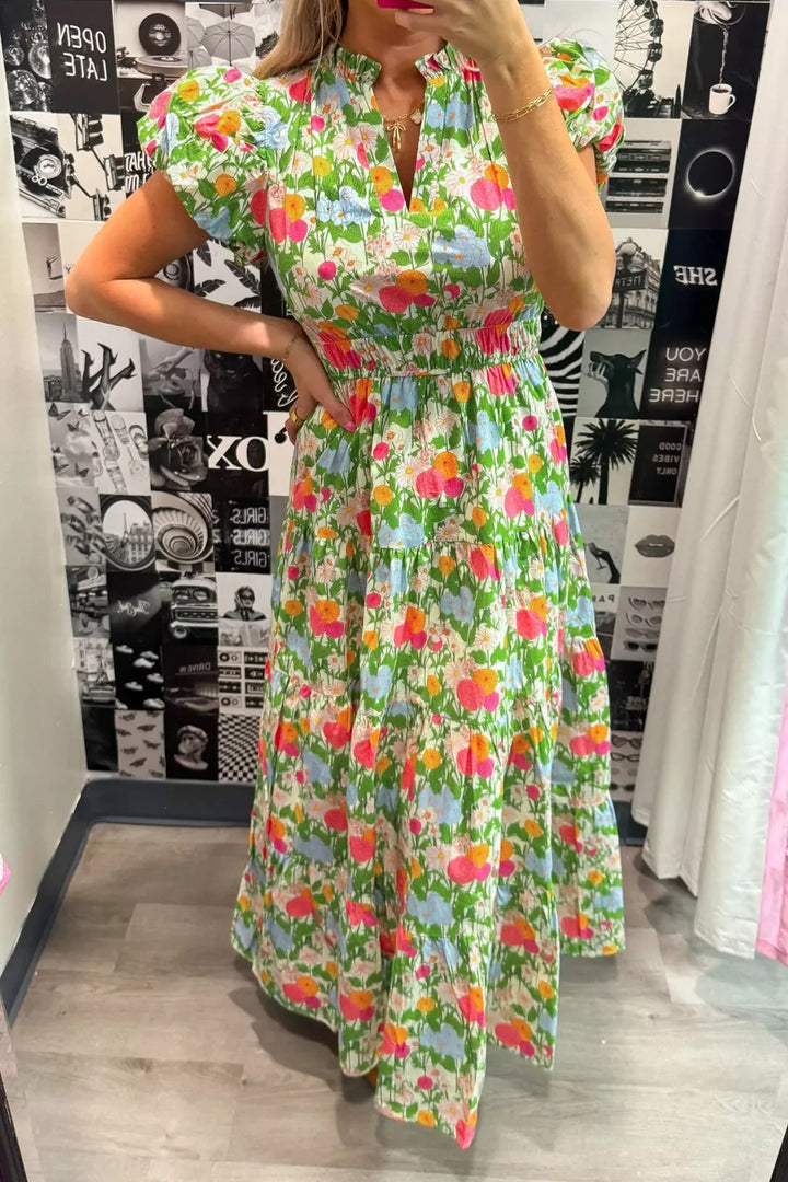 Lime Tiered floral cotton maxi dress with puff sleeves