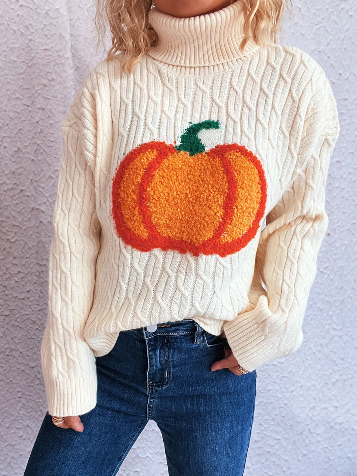 Pumpkin applique cable knit turtleneck sweater