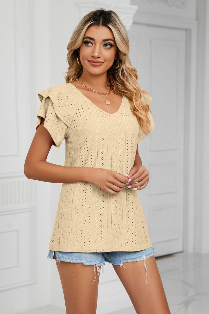 Eyelet knit V-neck top with layered flutter sleeves