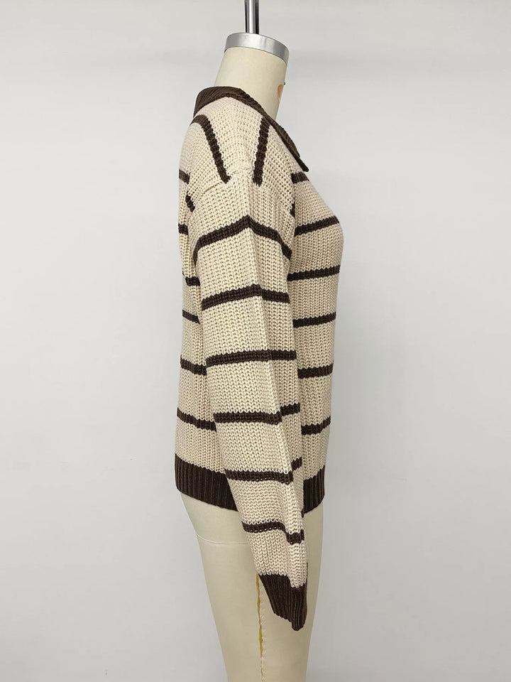 Striped waffle knit polo sweater with contrast collar