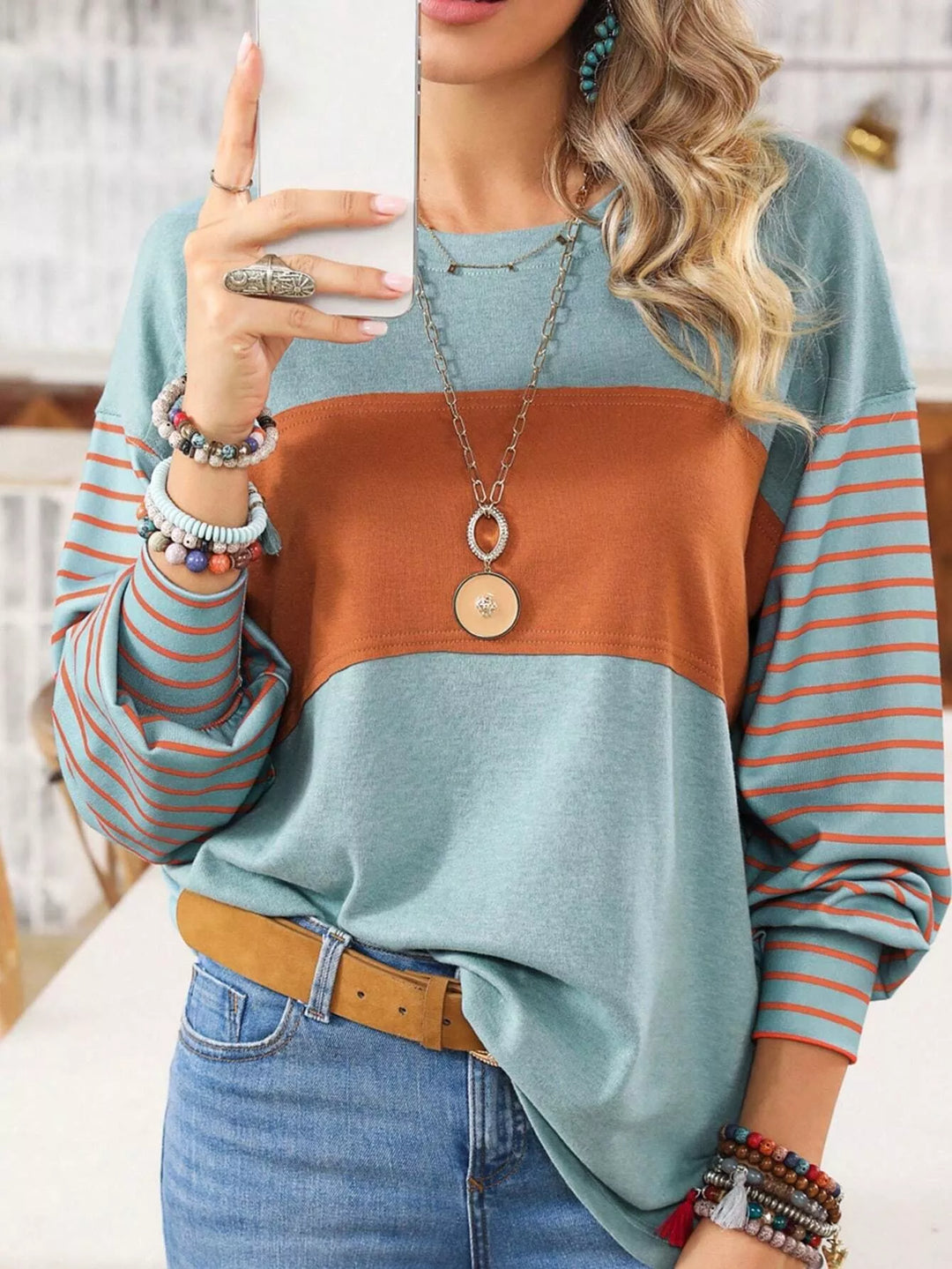 Turquoise Color block striped long sleeve crew neck top