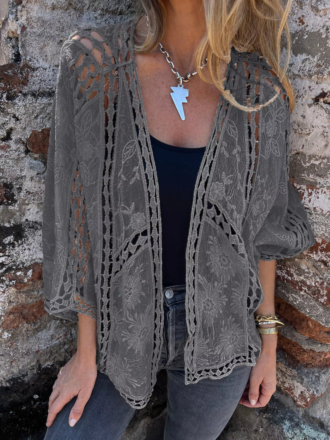 Gray Embroidered floral lace open-front cardigan with crochet trim