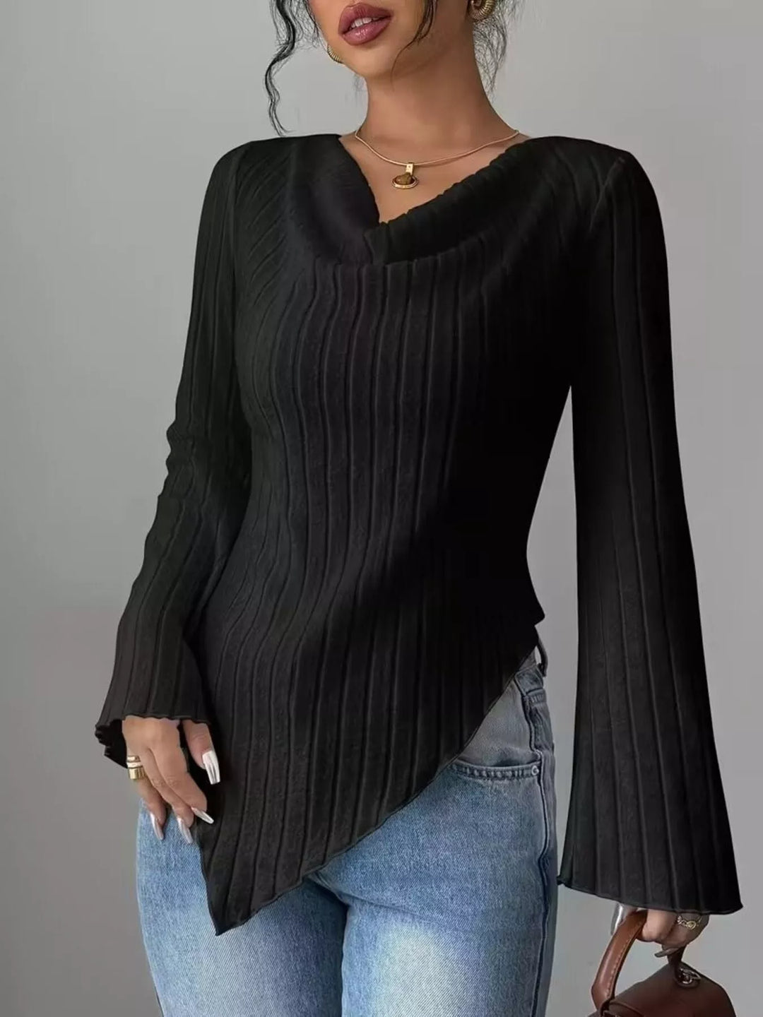 Ribbed knit cowl neck top with asymmetric hem and flared sleeves