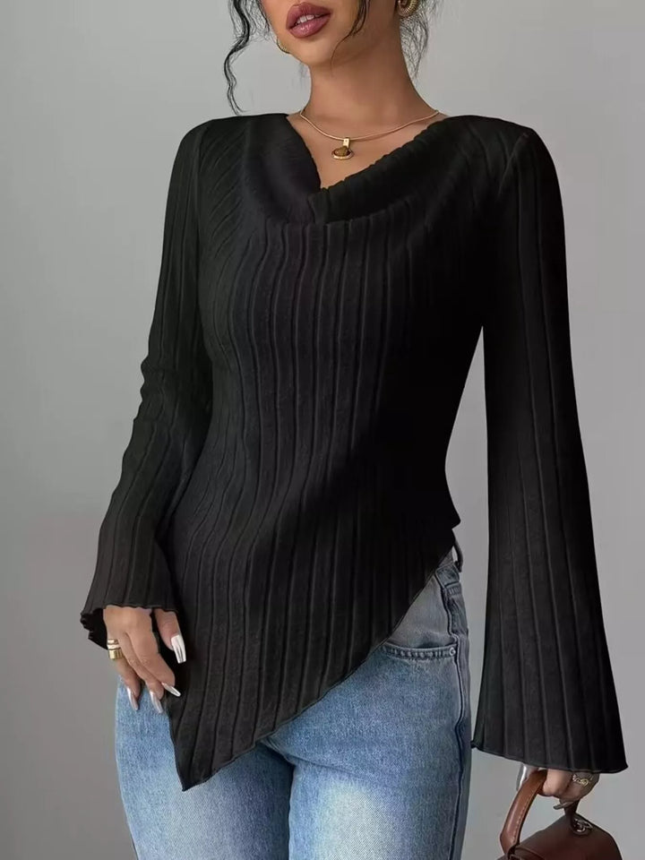 Ribbed knit cowl neck top with asymmetric hem and flared sleeves