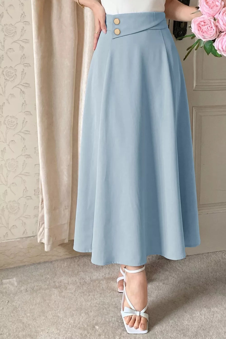 Light Blue High-rise A-line midi skirt with gold button waistband