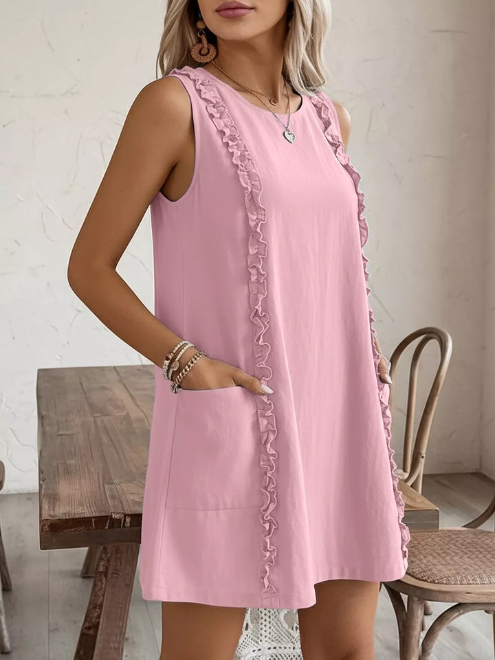 Ruffle-trim sleeveless mini dress with side pockets