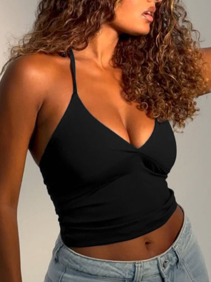 Slim-fit halter-neck crop cami with deep V-neckline