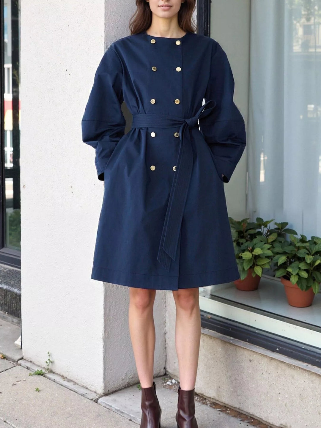Navy Blue Collarless double-breasted belted trench coat with gold buttons