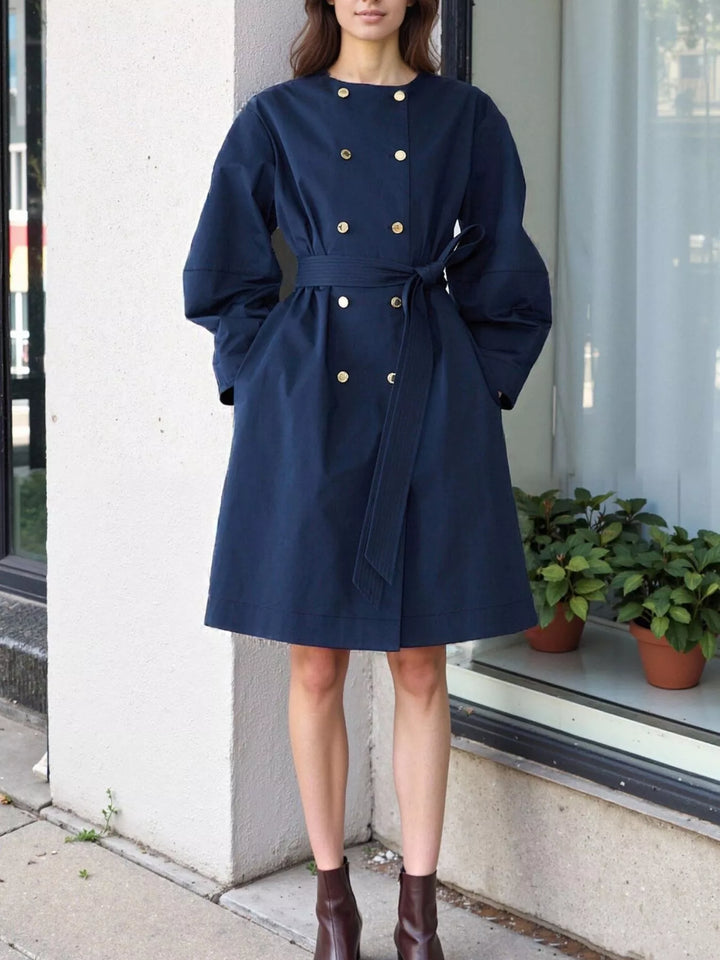 Navy Blue Collarless double-breasted belted trench coat with gold buttons