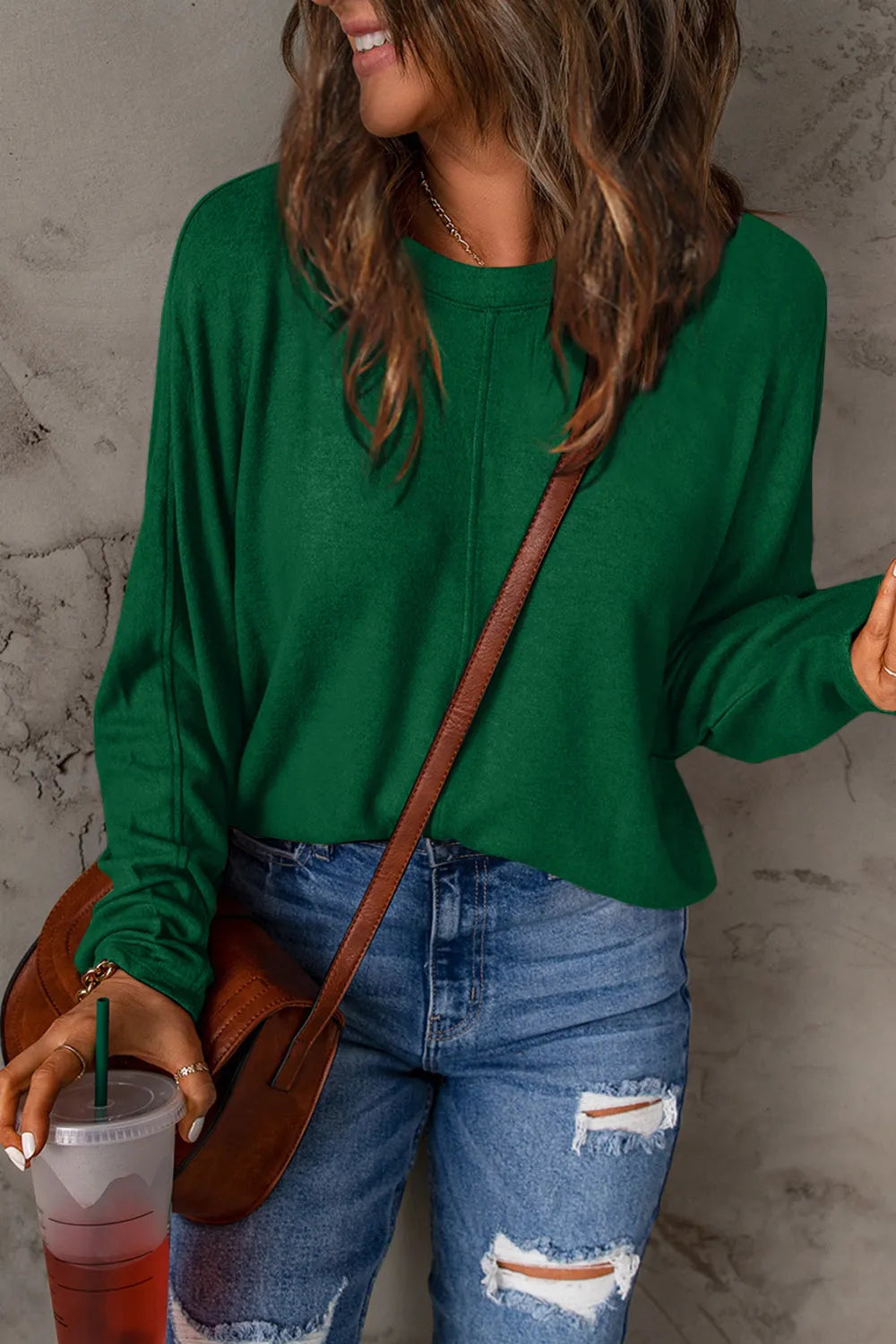 Green Relaxed drop-shoulder round neck long sleeve top
