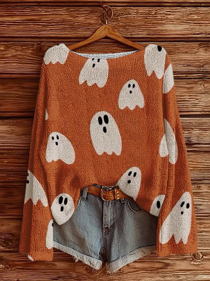 Orange Halloween ghost and pumpkin graphic boat neck sweater