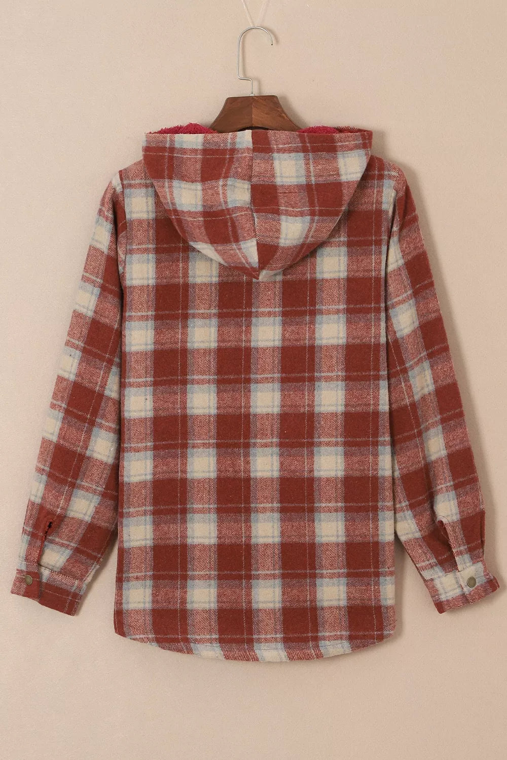 Sherpa-lined plaid hooded shacket with snap front