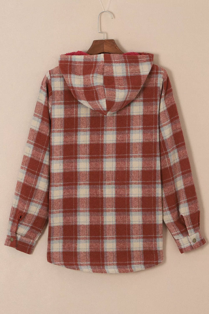 Sherpa-lined plaid hooded shacket with snap front