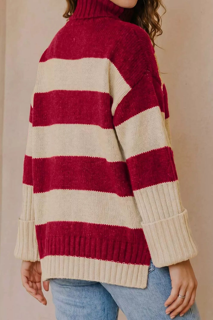 Striped turtleneck sweater with wide ribbed cuffs