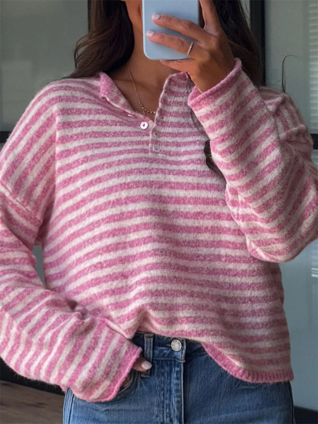 Striped dropped-shoulder collared sweater with button placket