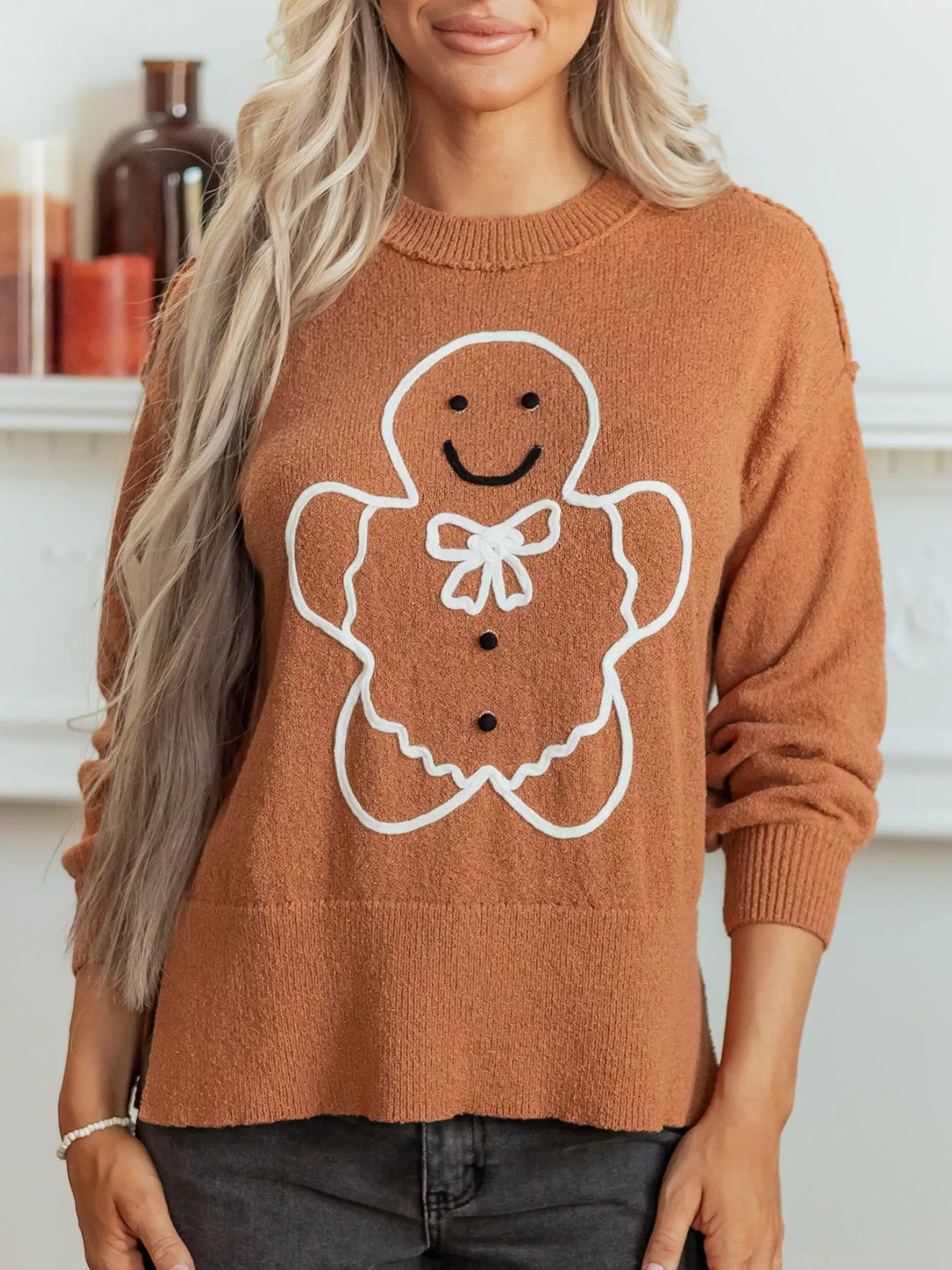 Gingerbread man embroidered drop shoulder knit sweater