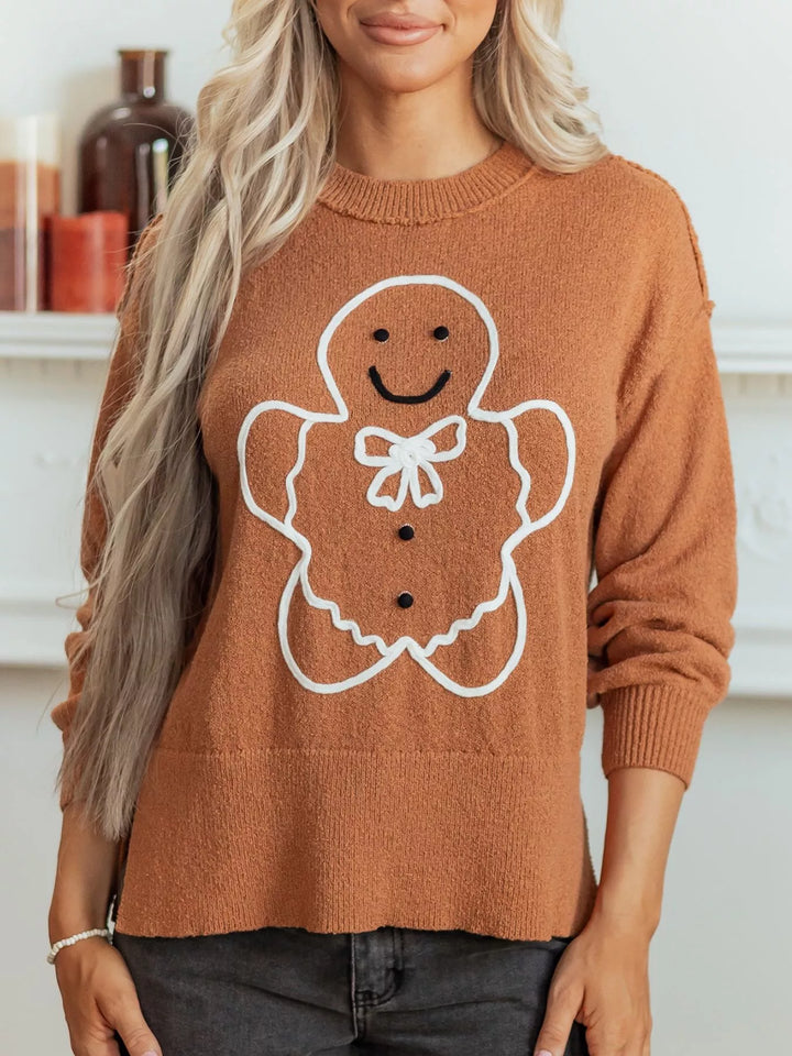 Gingerbread man embroidered drop shoulder knit sweater