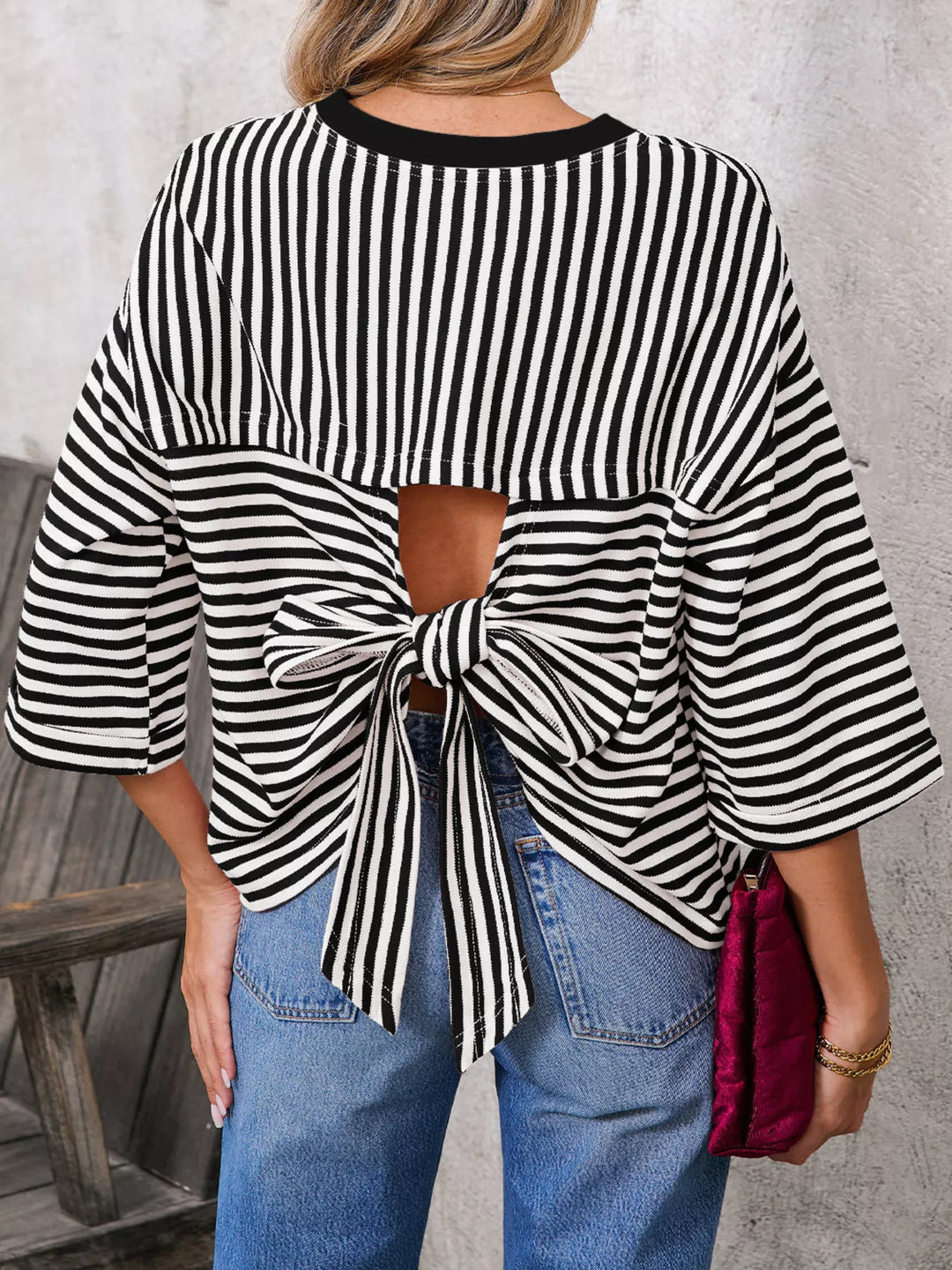 Striped oversized tee with back bow tie and keyhole cutout