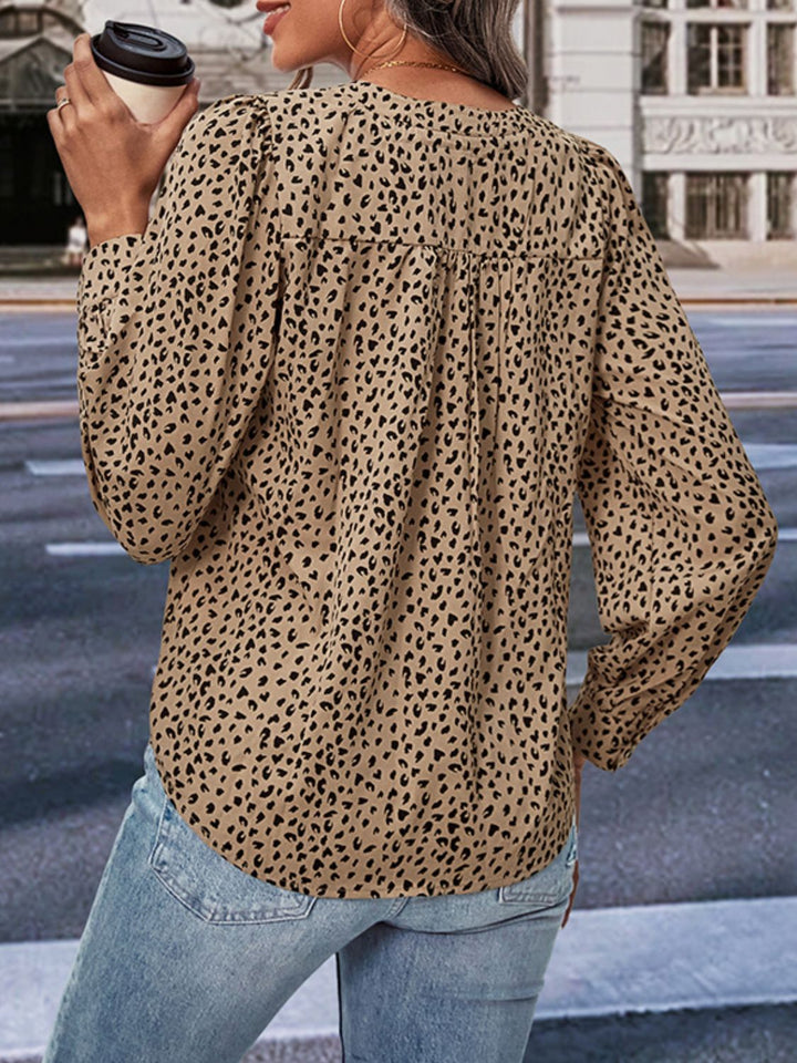 Leopard print notched neck puff sleeve blouse