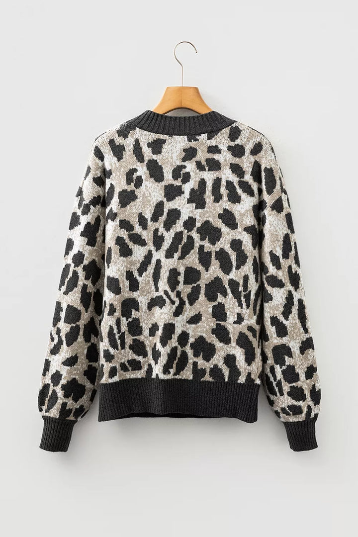 Leopard print drop shoulder knit pullover sweater