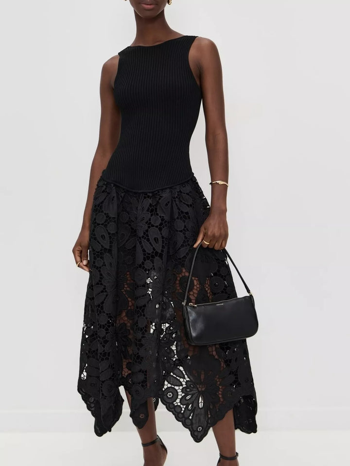 Sleeveless ribbed knit and crochet handkerchief-hem midi dress