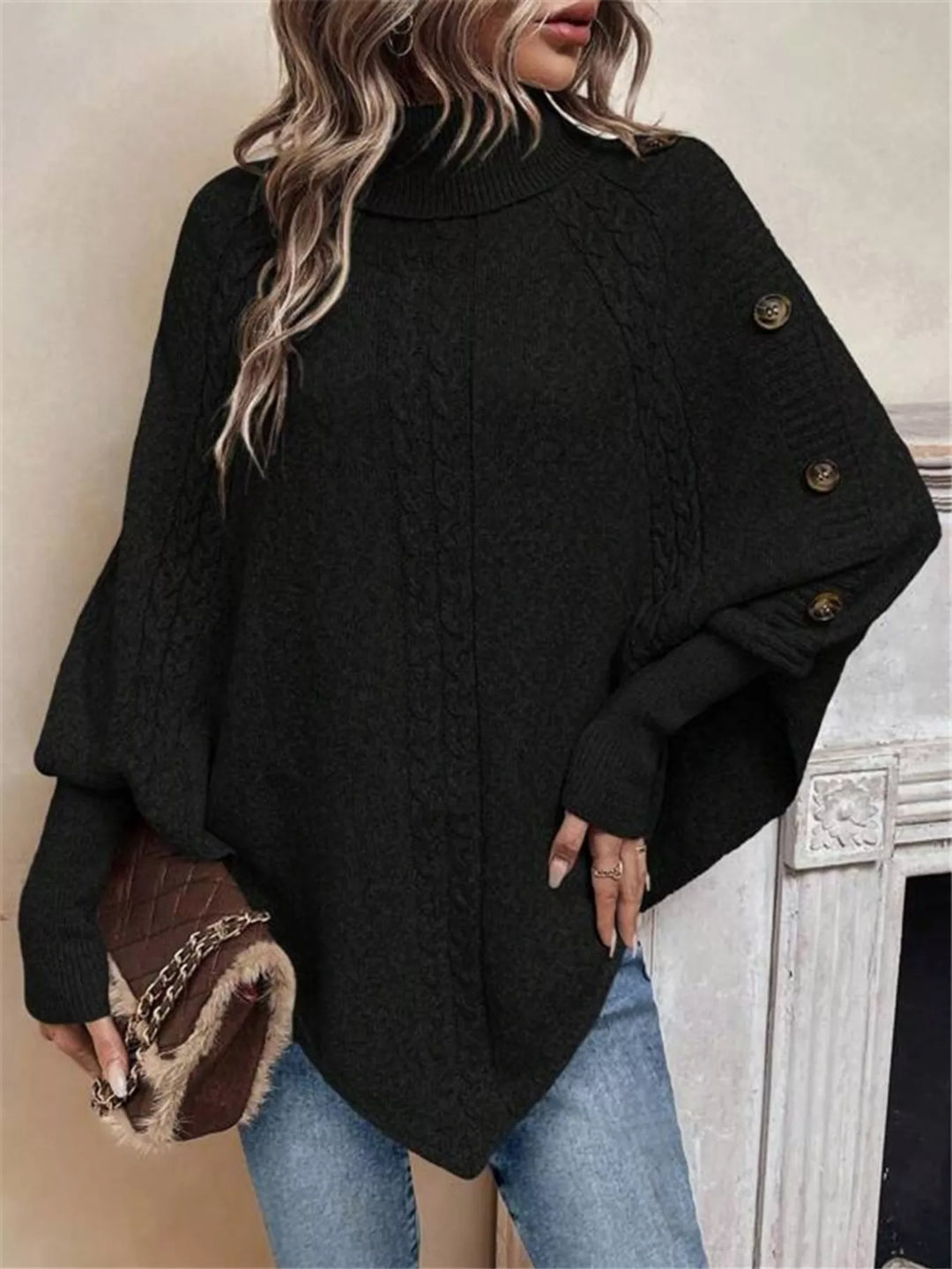 Black Cable knit turtleneck cape sweater with button shoulder