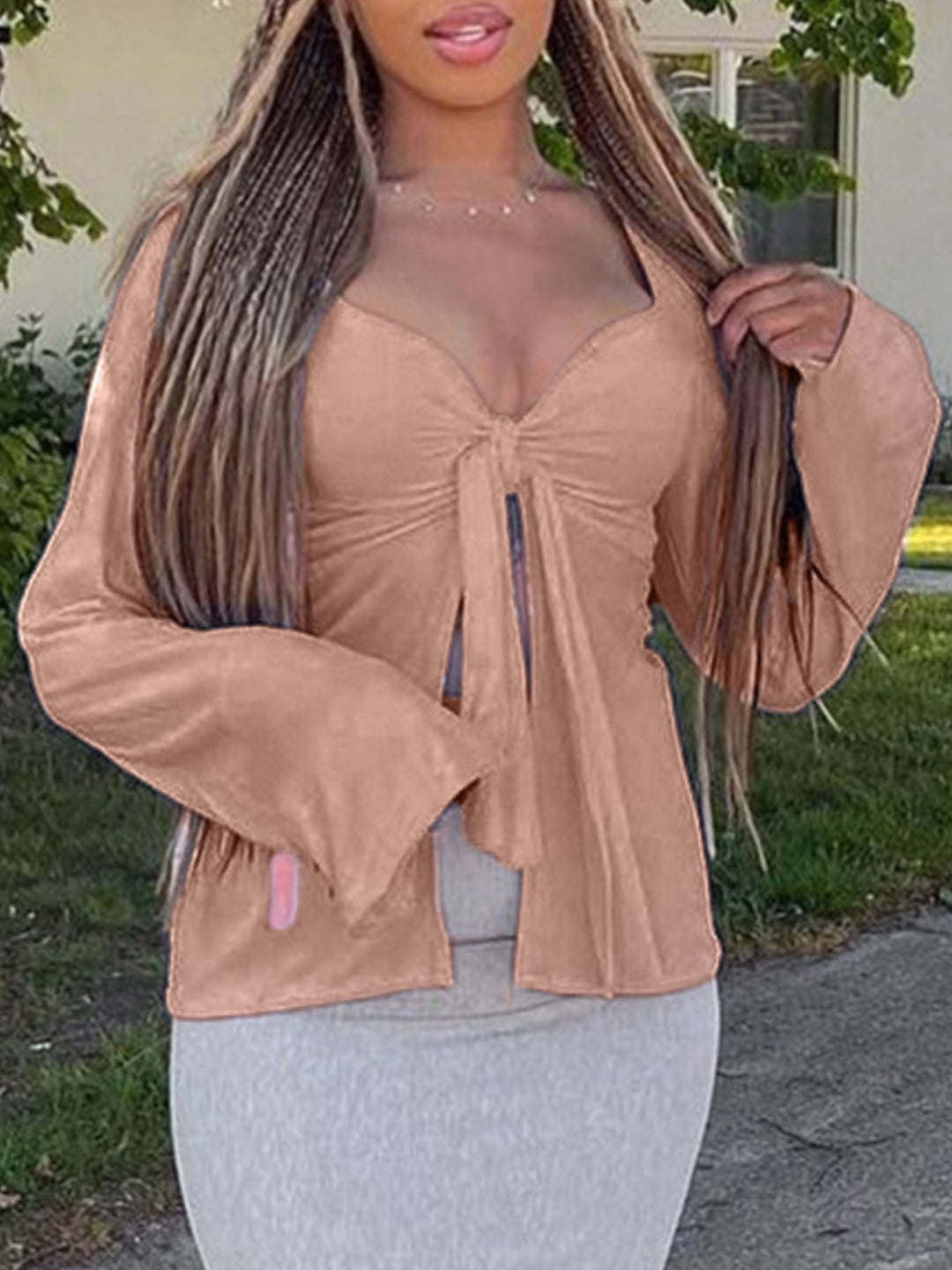 Tie-front long sleeve top with open cascading front