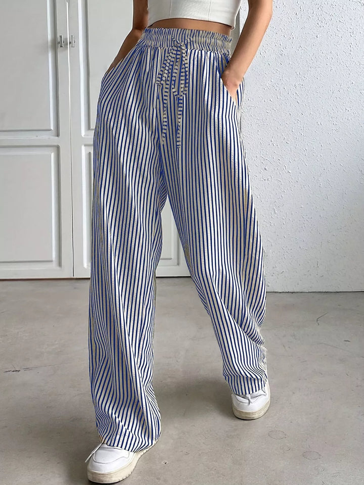 Striped wide-leg drawstring pants with side pockets
