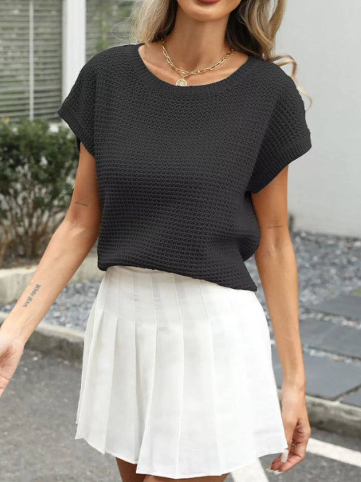 Black Round neck openwork waffle knit cropped top