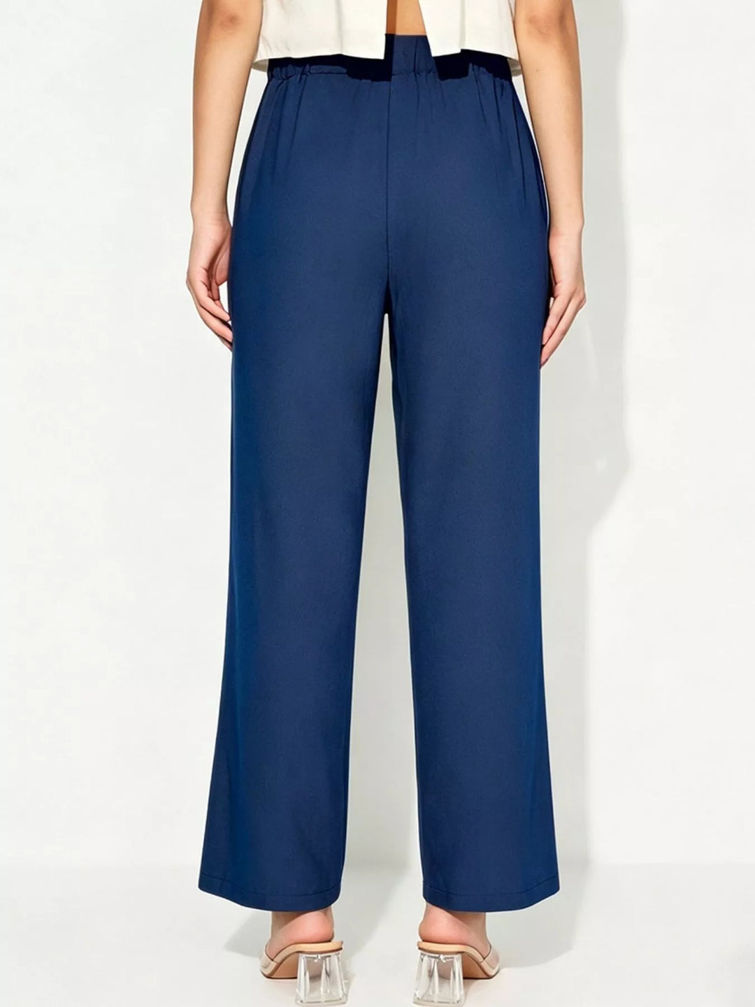 Wide leg pull-on pants with drawstring tie waist