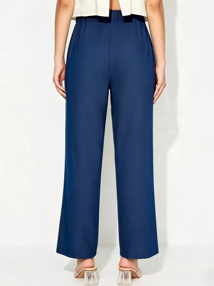 Wide leg pull-on pants with drawstring tie waist