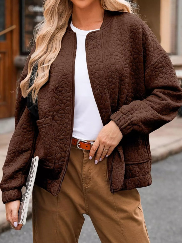 Dark Brown Floral quilted zip-up bomber jacket with pockets