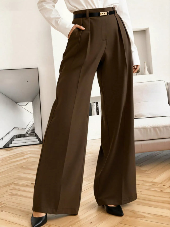 Chocolate High-rise pleated wide-leg trousers with side pockets