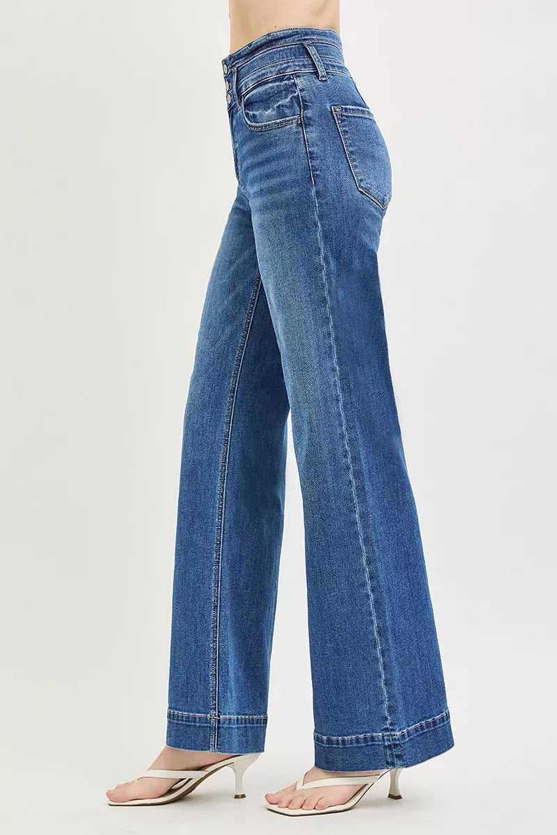 High-rise wide-leg jeans with stacked button front