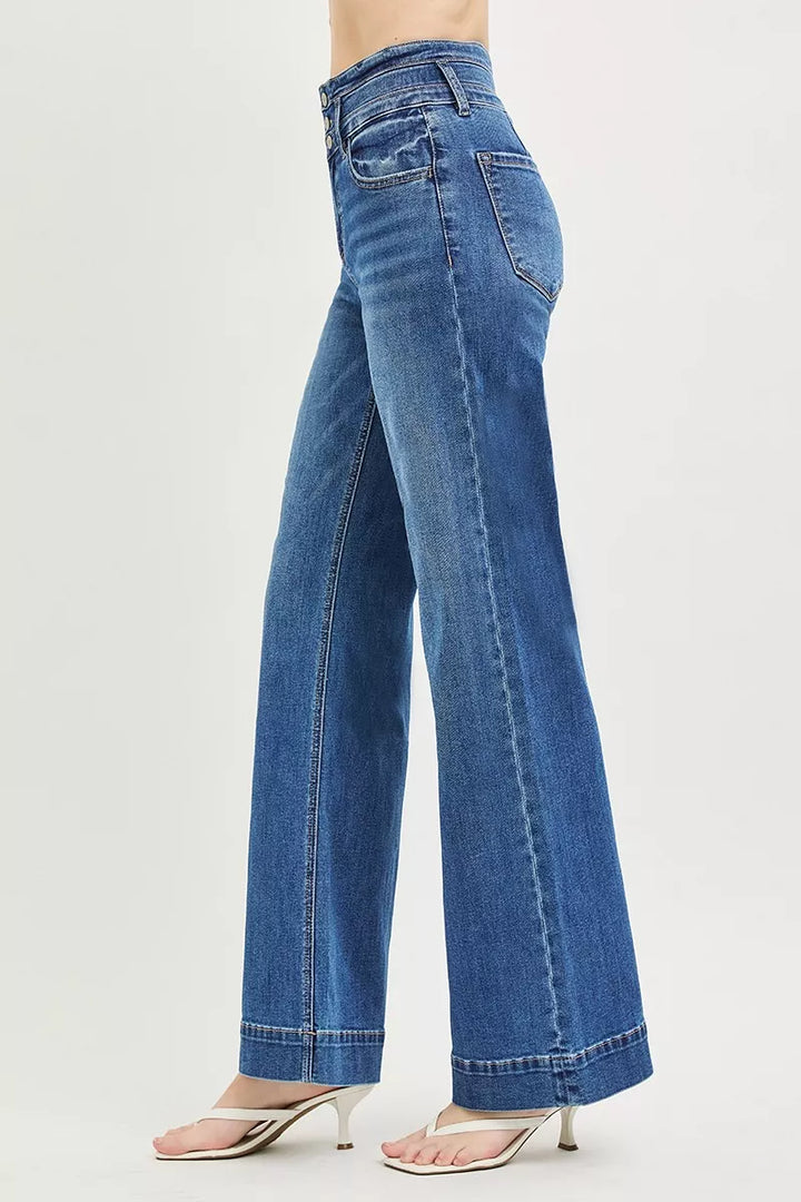 High-rise wide-leg jeans with stacked button front