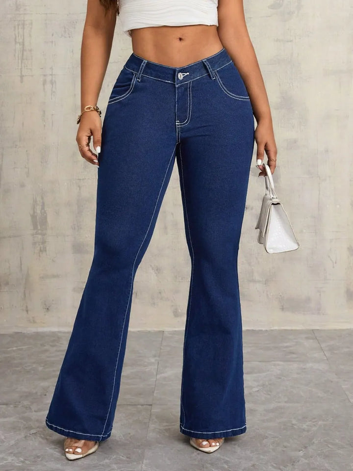 Dark V-notch waist flare jeans with contrast stitching