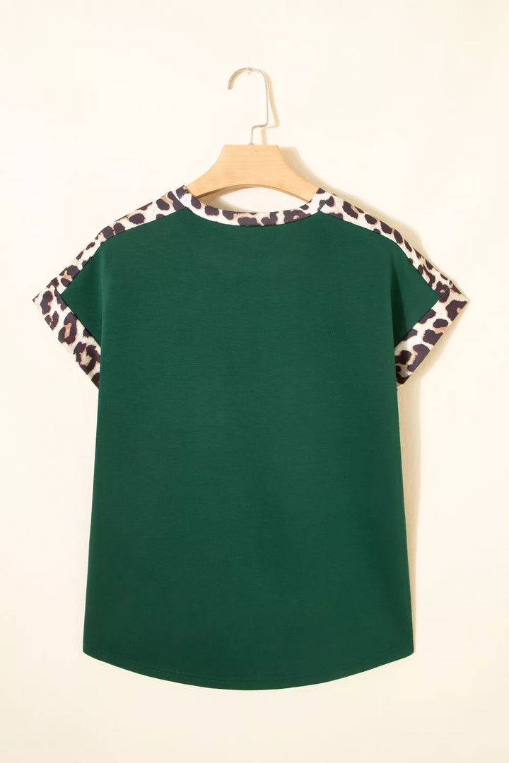 Leopard contrast trim short sleeve relaxed top