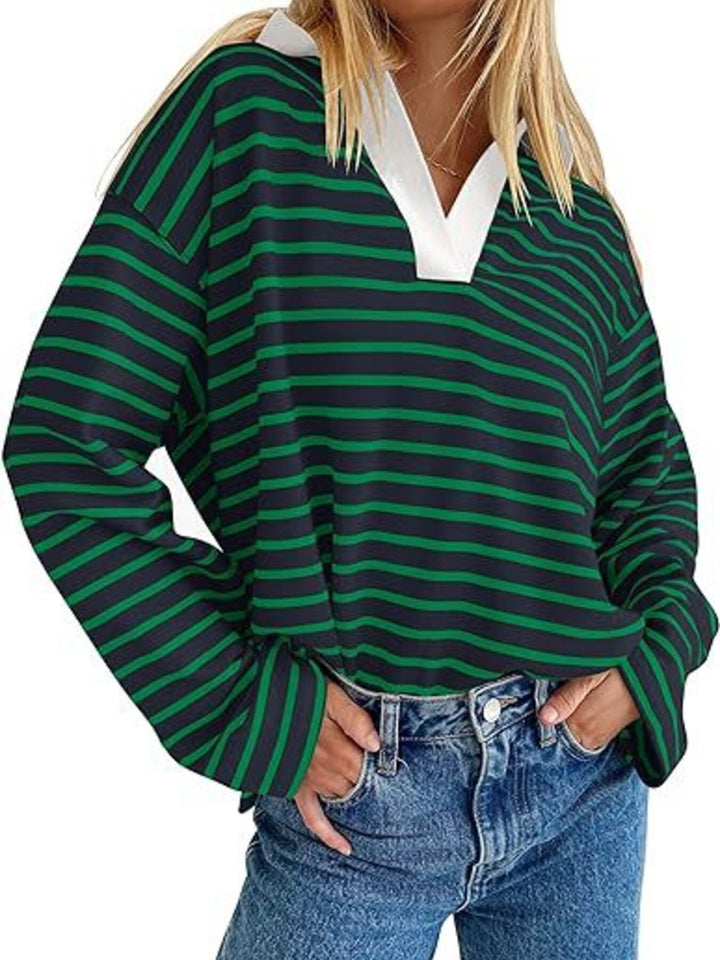 Green Striped oversized long sleeve top with contrast collar