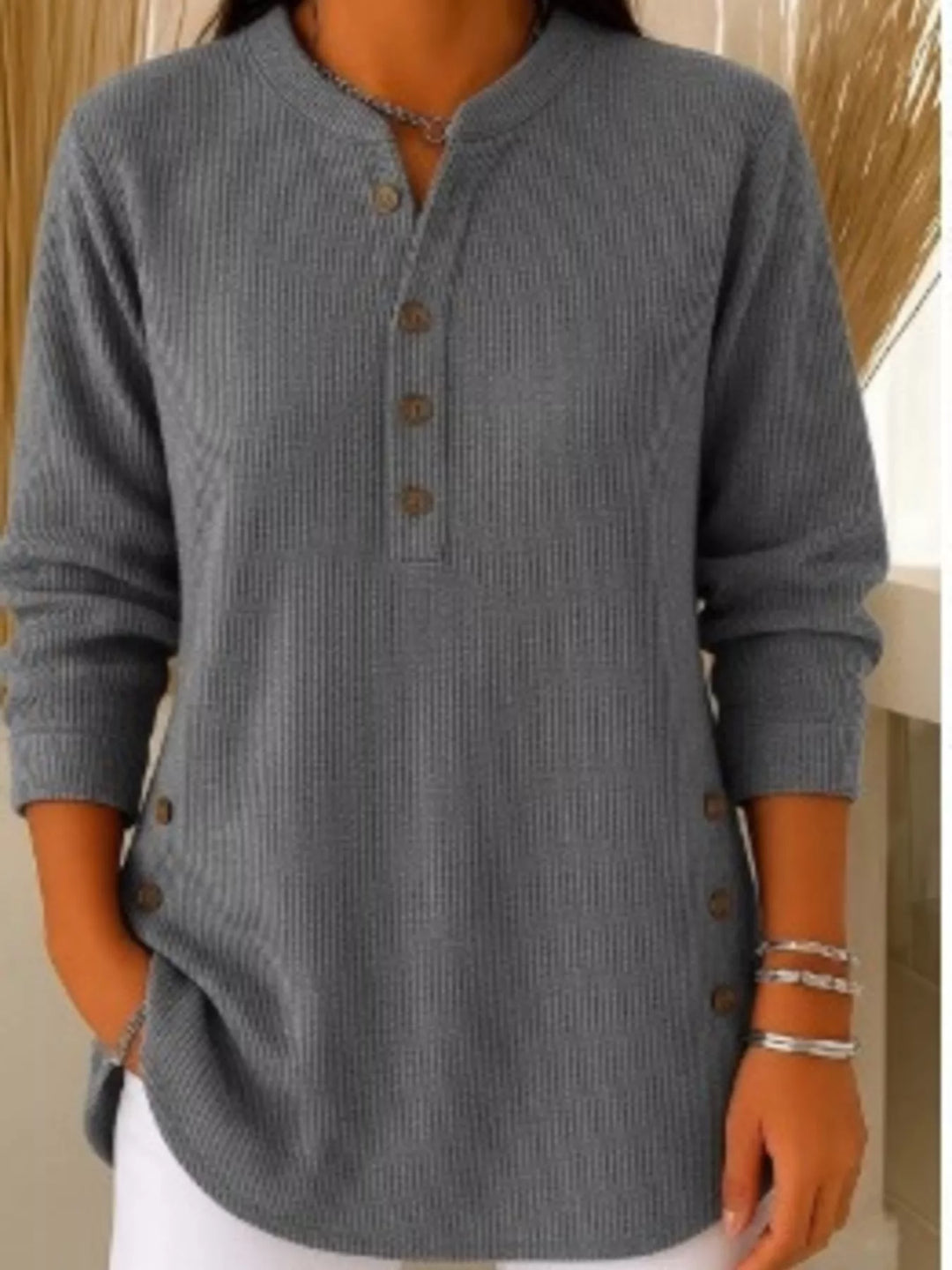 Gray Ribbed half-button henley top with side buttons