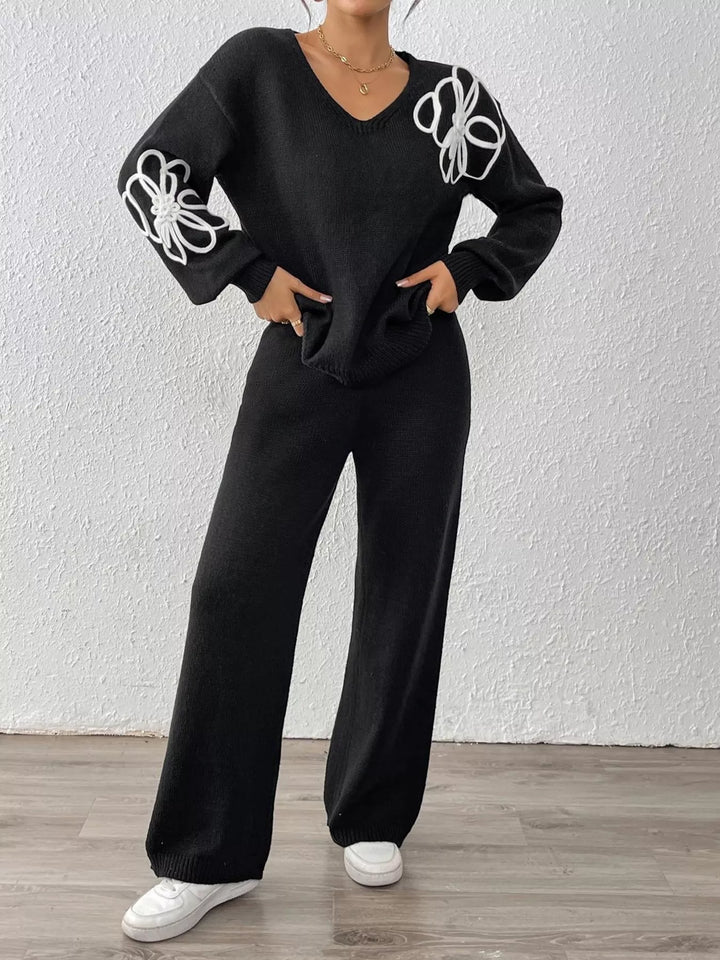 Floral embroidered V-neck sweater set with wide-leg pants