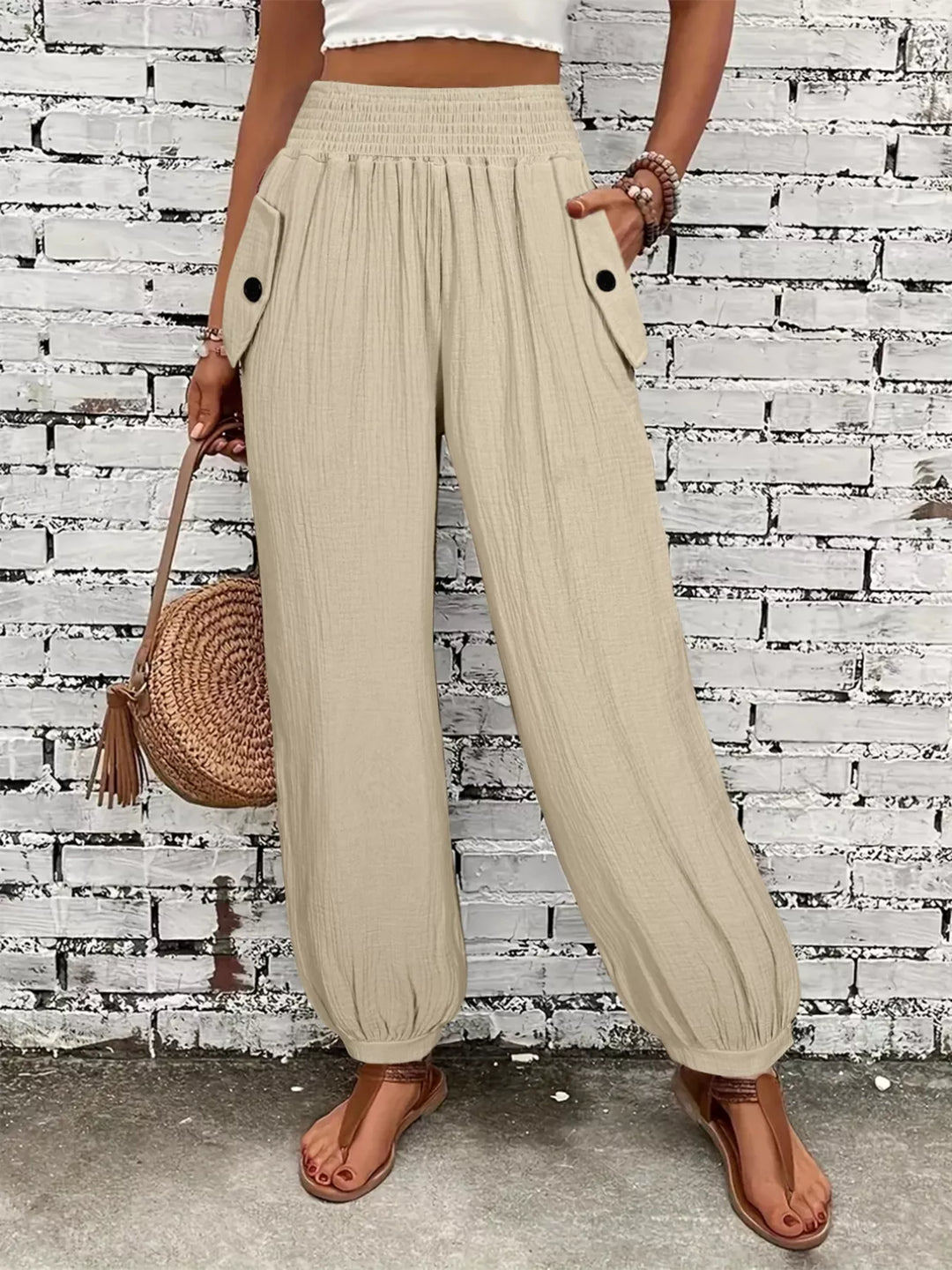 Wide-leg smocked waist casual pants in textured weave