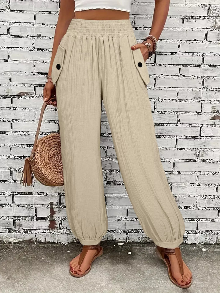 Wide-leg smocked waist casual pants in textured weave