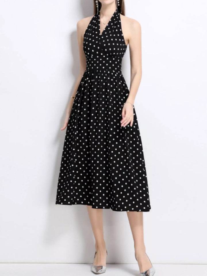 Black Polka dot halter midi dress with full A-line skirt