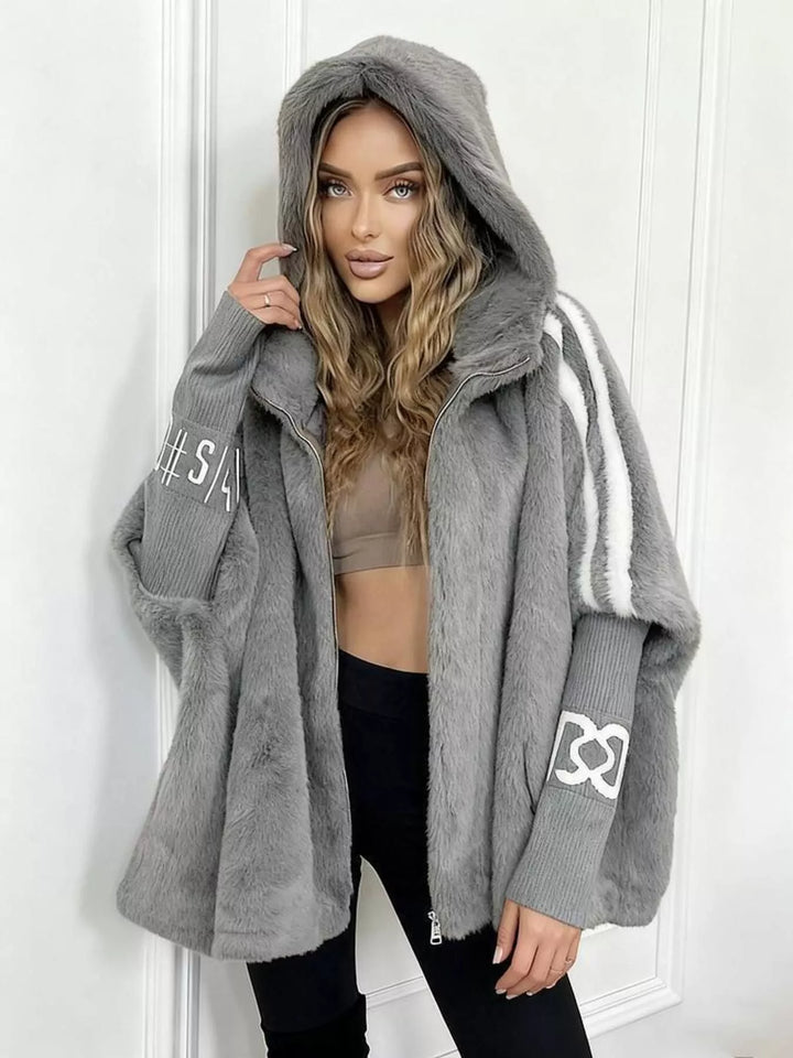 Grey Hooded faux fur coat with striped trim and knit sleeves
