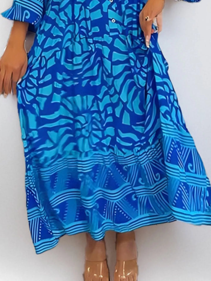 Abstract print button-front tiered midi dress