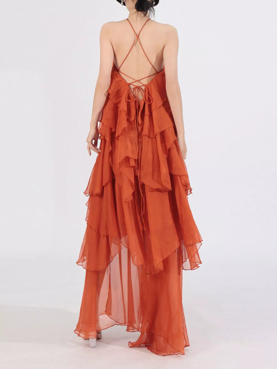 Tiered ruffle chiffon halter maxi dress with rosette