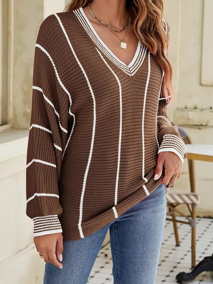 Striped V-neck ribbed knit sweater with drop shoulders