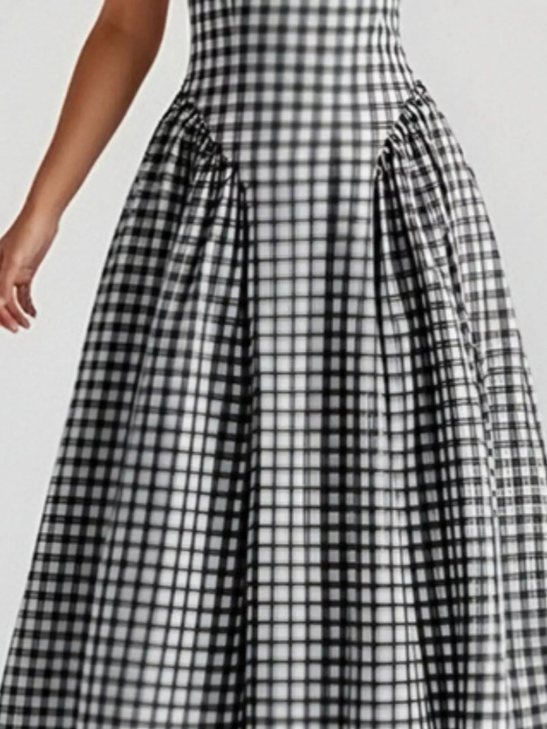 Plaid square-neck sleeveless fit-and-flare midi dress